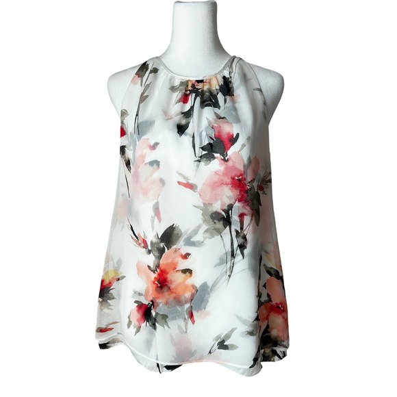 White House Black Market Tops - White House Black Market Floral Halter Top XS White Pink Watercolor Chiffon